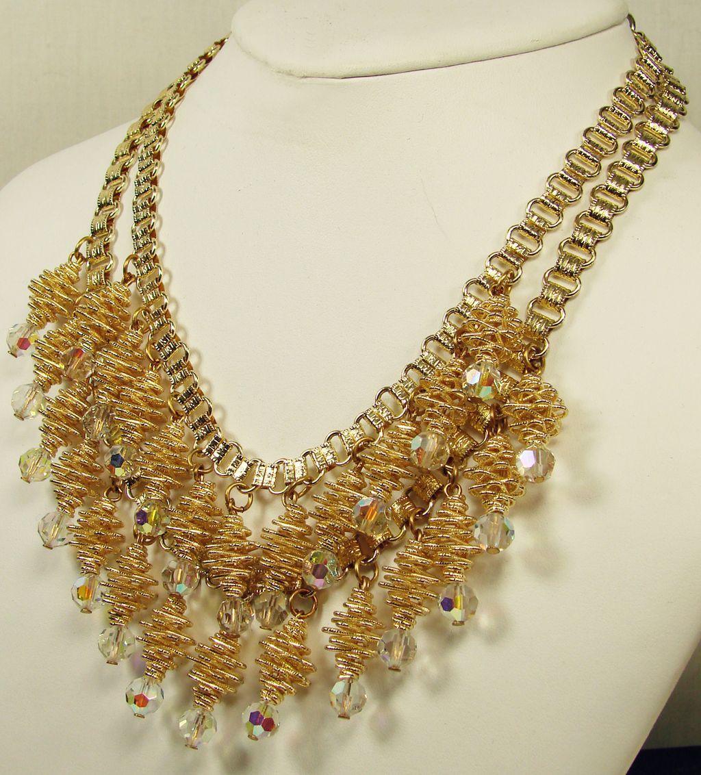 Vintage 1960s Double Strand Necklace // Spiral Pieces with Faceted Glass Crystal Vintage 1960s Double Strand Necklace // Spiral Pieces with Faceted Glass Crystal