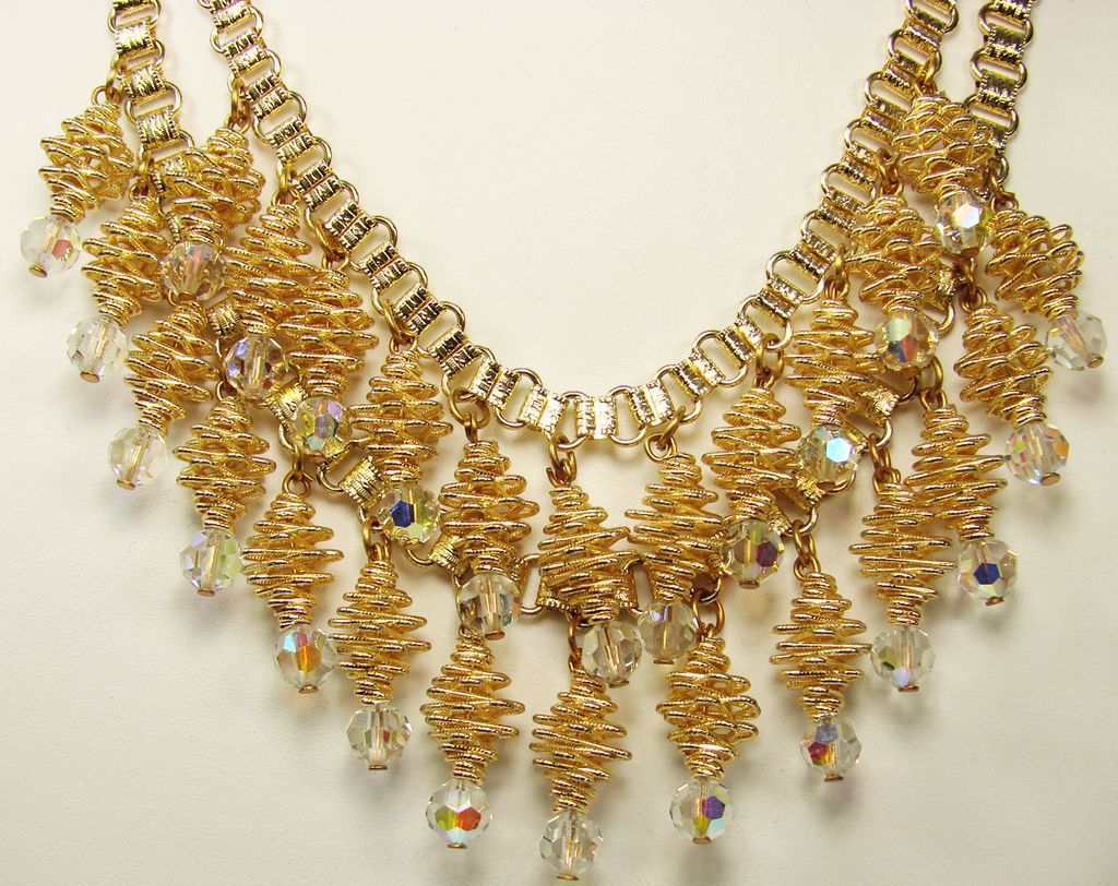 Vintage 1960s Double Strand Necklace // Spiral Pieces with Faceted Glass Crystal Vintage 1960s Double Strand Necklace // Spiral Pieces with Faceted Glass Crystal