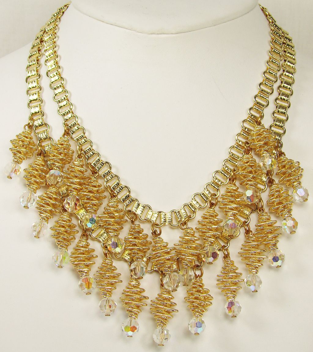 Vintage 1960s Double Strand Necklace // Spiral Pieces with Faceted Glass Crystal Vintage 1960s Double Strand Necklace // Spiral Pieces with Faceted Glass Crystal