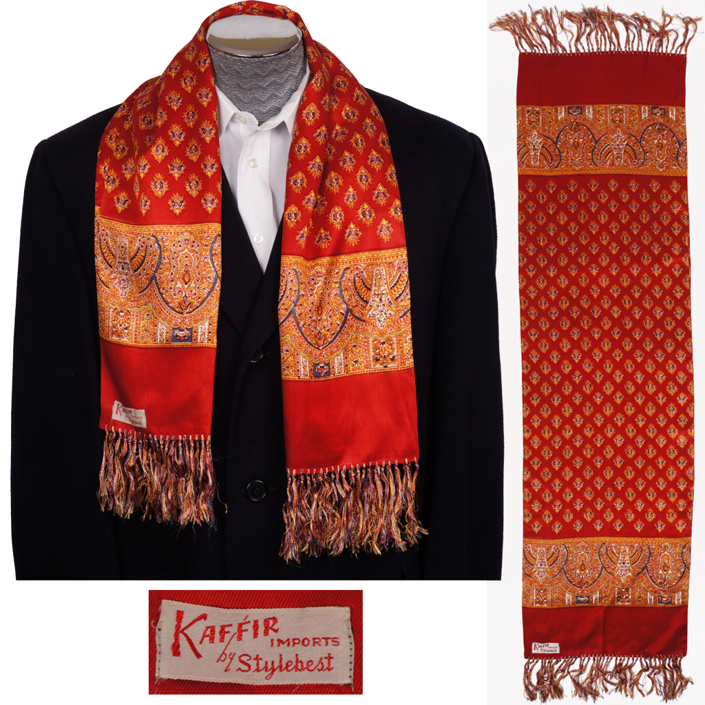 Vintage 1940s Mens Fringed Opera Scarf Red Foulard Kaffir by Stylebest
