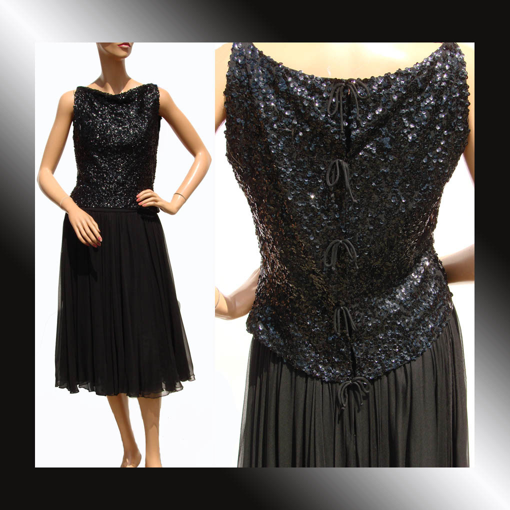 Vintage 1960s Party Dress Black Sequined Top Over Chiffon Vintage 1960s Party Dress Black Sequined Top Over Chiffon
