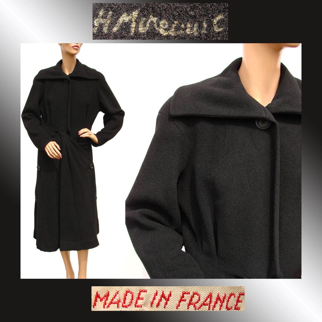 Vintage 1940s Coat French Couture Signed H Mireault Black Wool Ladies' Size Medium Vintage 1940s Coat French Couture Signed H Mireault Black Wool Ladies' Size Medium