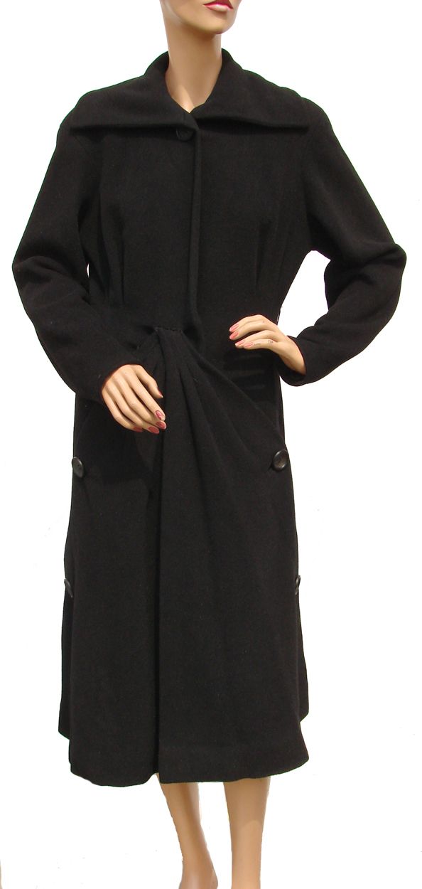 Vintage 1940s Coat French Couture Signed H Mireault Black Wool Ladies' Size Medium Vintage 1940s Coat French Couture Signed H Mireault Black Wool Ladies' Size Medium