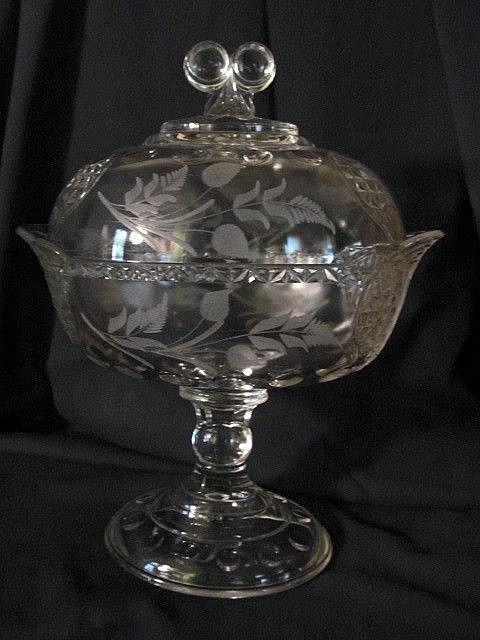 EAPG Covered Compote, Wheel Etched Florals EAPG Covered Compote, Wheel Etched Florals