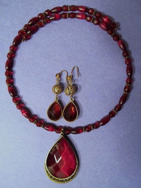 Monet Ruby Teardrop Pendant Choker Necklace, Wire Drop Earrings Monet Ruby Teardrop Pendant Choker Necklace, Wire Drop Earrings