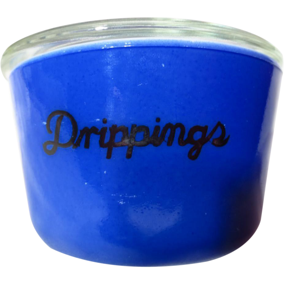 McKee Depression Fired On Blue Covered Drippings Jar McKee Depression Fired On Blue Covered Drippings Jar