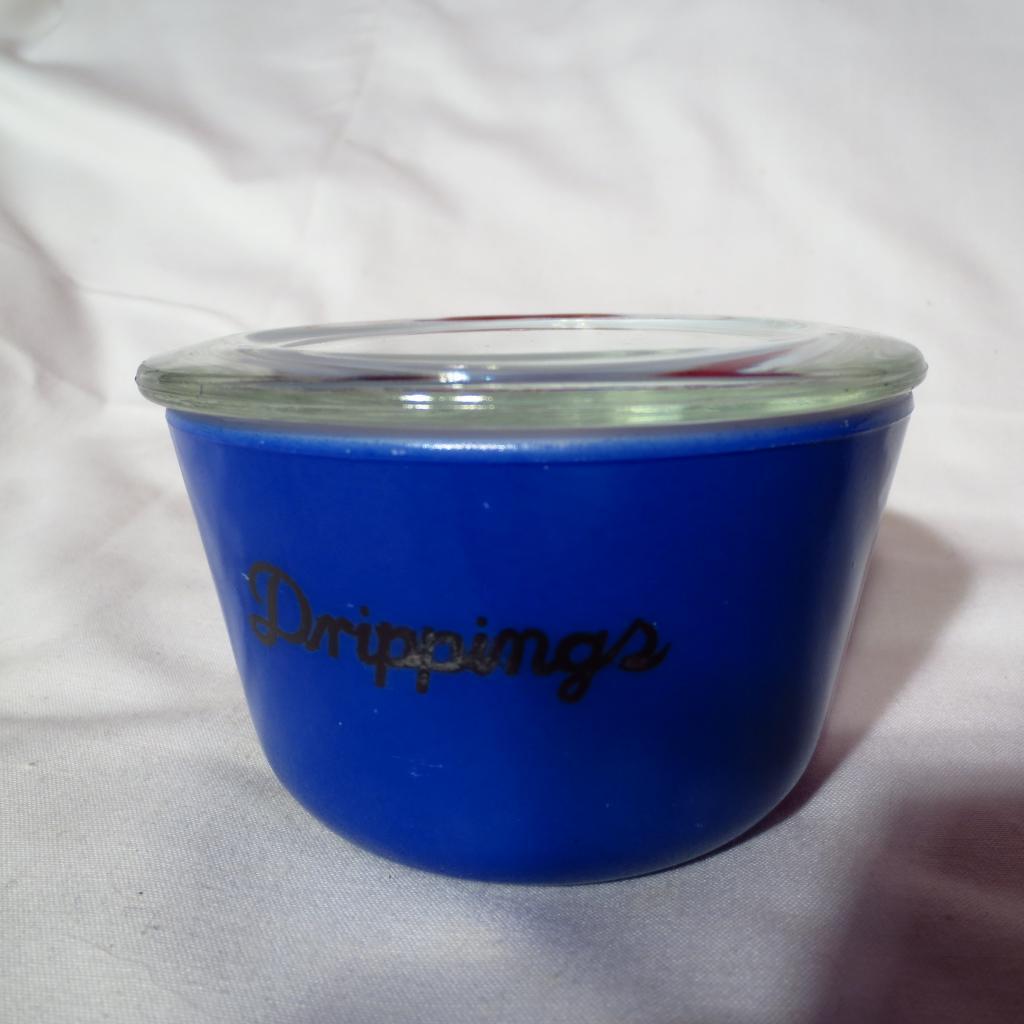 McKee Depression Fired On Blue Covered Drippings Jar McKee Depression Fired On Blue Covered Drippings Jar