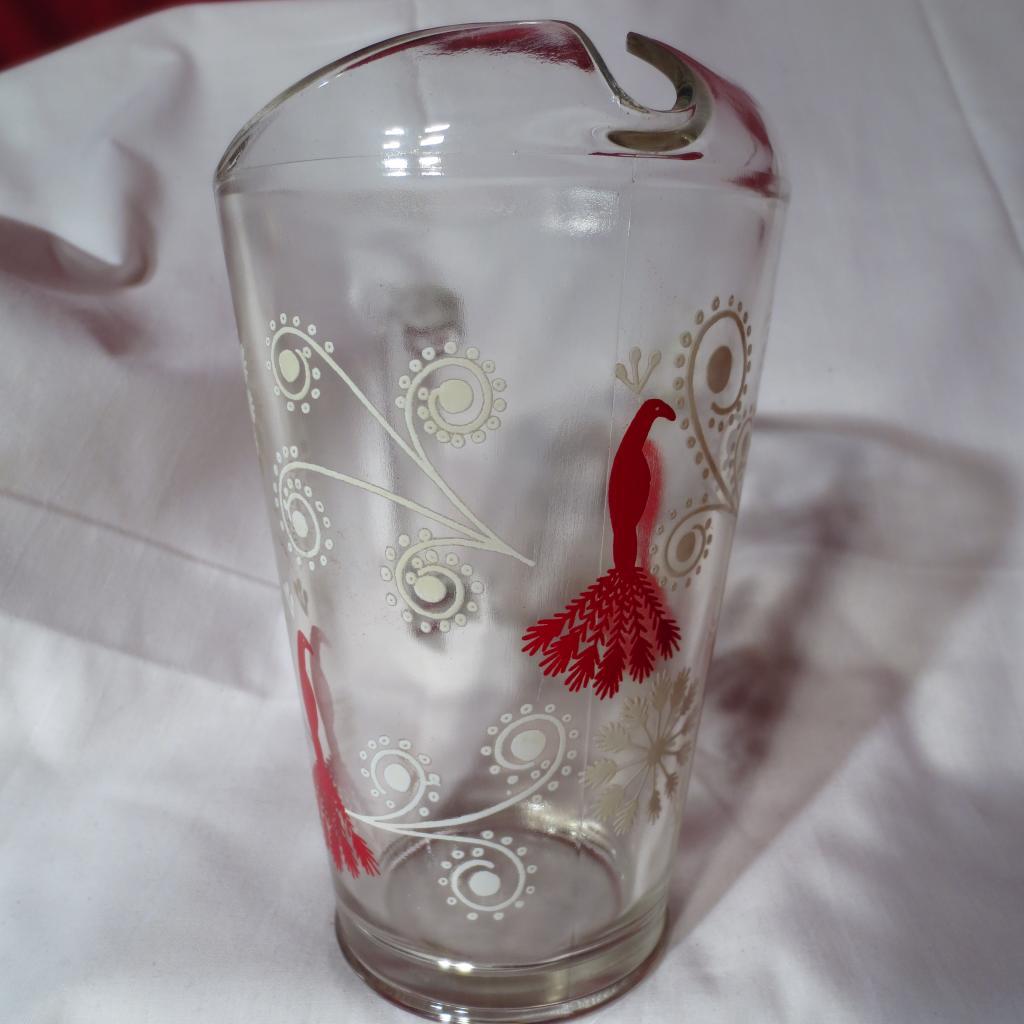 Vintage Jeannette Glass Peacock Decorated Juice Pitcher Swanky Swigs Vintage Jeannette Glass Peacock Decorated Juice Pitcher Swanky Swigs