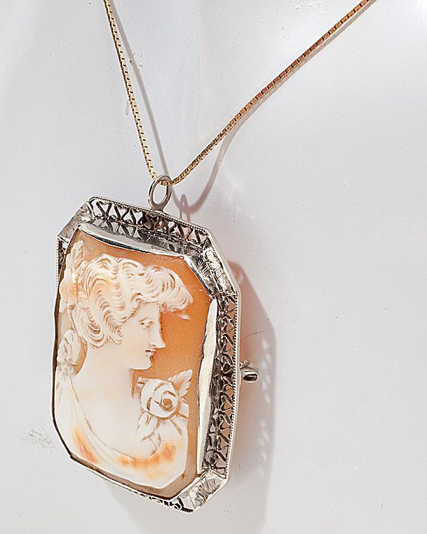Art Deco 14 Karat White Gold Cameo Pendant Brooch Pin Vintage Old Art Deco 14 Karat White Gold Cameo Pendant Brooch Pin Vintage Old