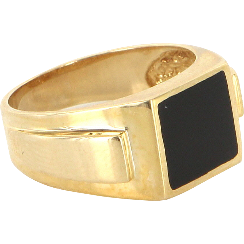 Vintage 14 Karat Yellow Gold Inlaid Onyx Mens Cocktail Ring Fine from