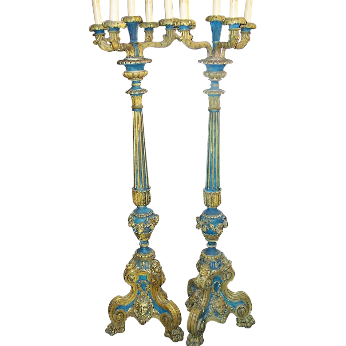 Venetian Blue - yellow painted torchieres or tall candelabra Venetian Blue - yellow painted torchieres or tall candelabra