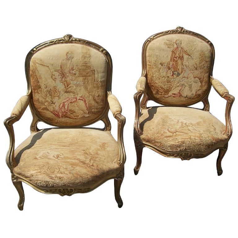 Pair of Louis XV gilt fauteuil, armchair w/ Aubusson style tapestry Pair of Louis XV gilt fauteuil, armchair w/ Aubusson style tapestry