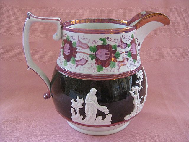 Antique Pink Lusterware Pitcher/Jug with White Relief Molding 1800's Antique Pink Lusterware Pitcher/Jug with White Relief Molding 1800's
