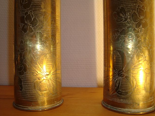 Pair of French WWI Trench Art Artillery Shells, "Argonne" Shield, Folk Art Pair of French WWI Trench Art Artillery Shells, "Argonne" Shield, Folk Art