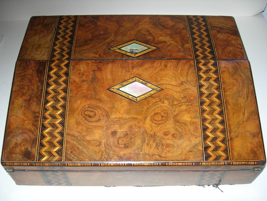 Antique Burl Walnut and Tunbridge Ware Inlaid Lap Desk / Writing Box Antique Burl Walnut and Tunbridge Ware Inlaid Lap Desk / Writing Box