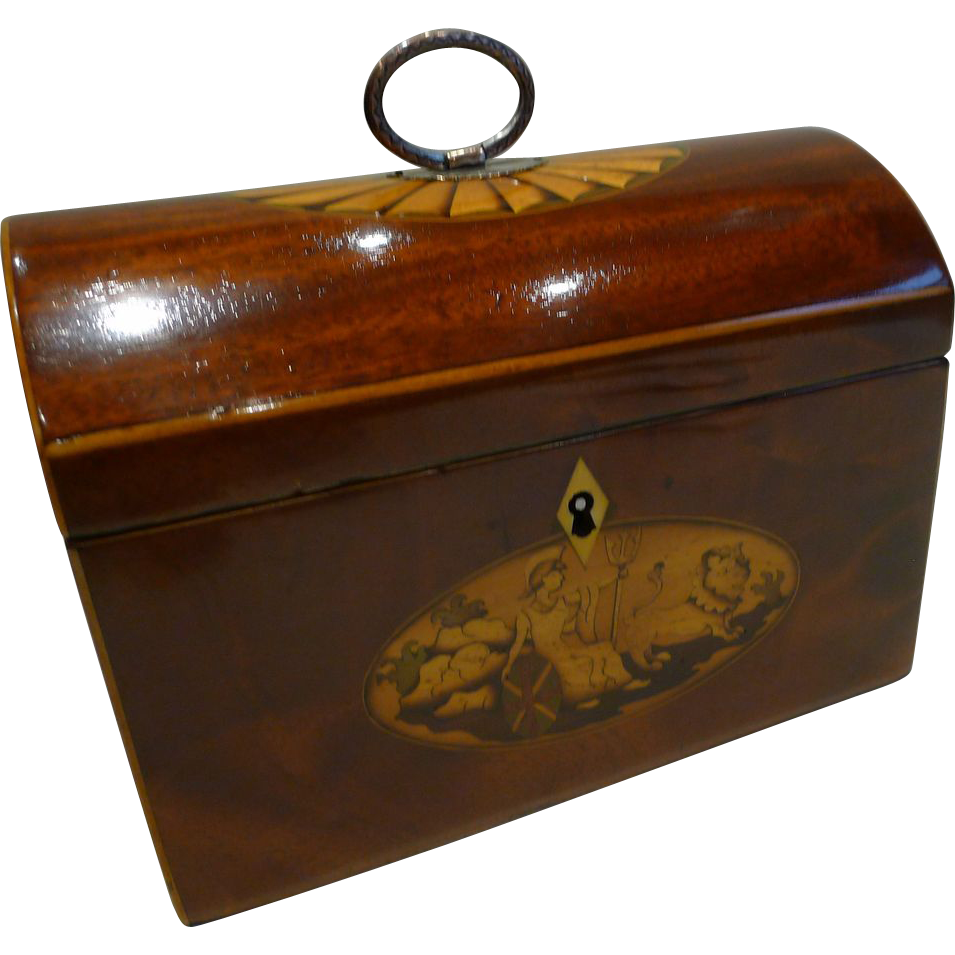 Rare English Georgian Dome Top Mahogany Tea Caddy With Fan & Britannia Inlay c.1800 Rare English Georgian Dome Top Mahogany Tea Caddy With Fan & Britannia Inlay c.1800