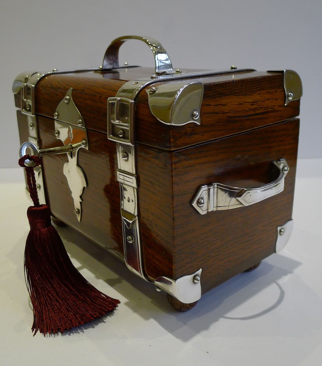 Fabulous Antique English Oak & Silver Plated Tea Caddy by Henry Bourne - Reg. Diamond For 1879 Fabulous Antique English Oak & Silver Plated Tea Caddy by Henry Bourne - Reg. Diamond For 1879