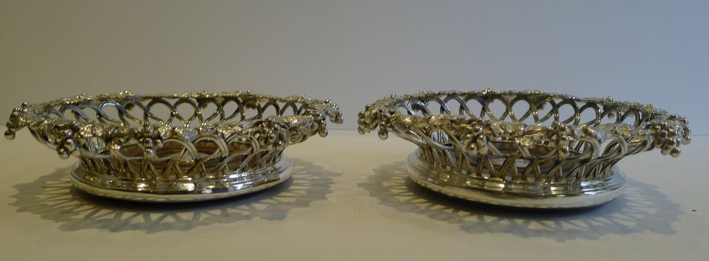 Finest Antique English Elkington Silver Plate Wine Coasters (Pair) - 1854 Finest Antique English Elkington Silver Plate Wine Coasters (Pair) - 1854