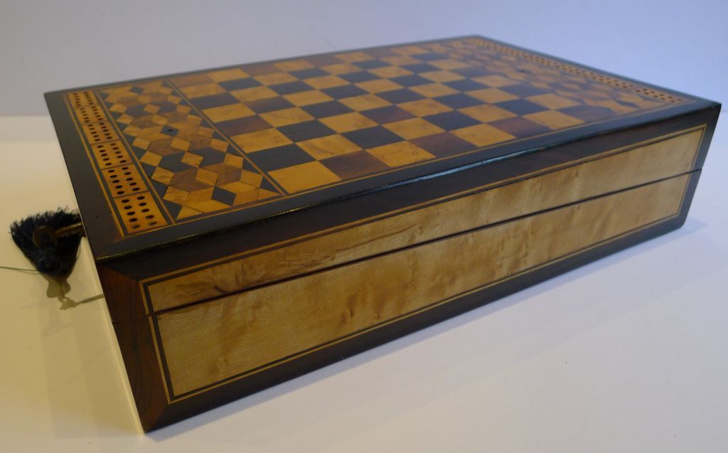 Rare Antique English Tunbridge Ware Games Box / Chess / Table Bagatelle c.1860 Rare Antique English Tunbridge Ware Games Box / Chess / Table Bagatelle c.1860