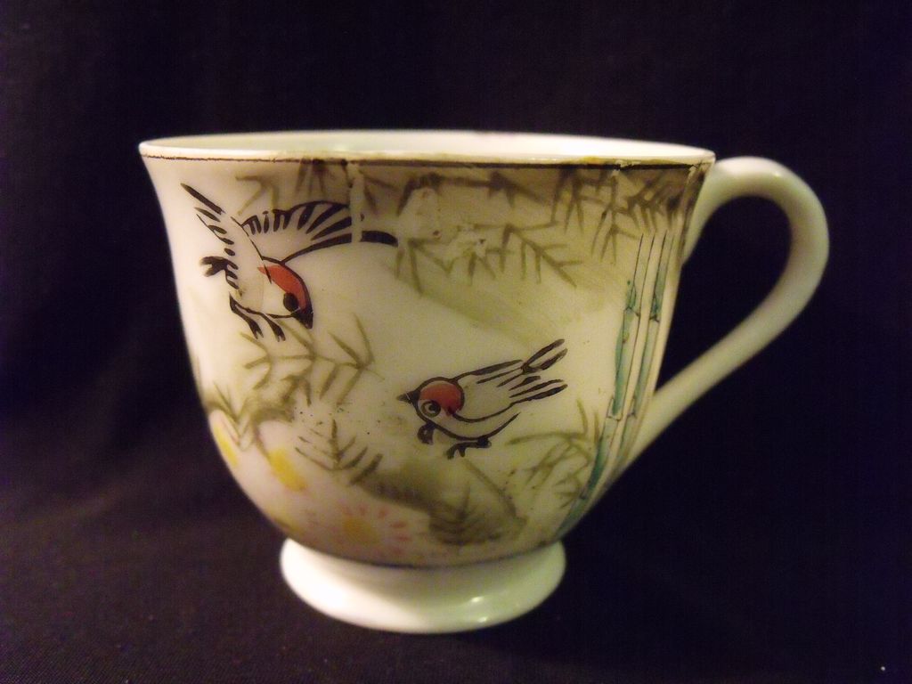 Vintage Hand Painted Small Transparent Japanese Porcelain Tea Demitasse Set with Bird / Bamboo Design and 24K Gold Accents - 6 Person Setting Vintage Hand Painted Small Transparent Japanese Porcelain Tea Demitasse Set with Bird / Bamboo Design and 24K Gold Accents - 6 Person Setting