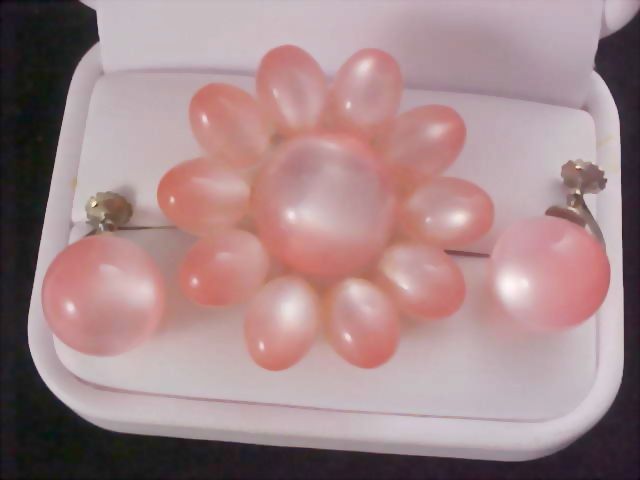 COTTON CANDY Pink Moonglow Demi Parure - Brooch & STERLING Silver Screw Back Earrings COTTON CANDY Pink Moonglow Demi Parure - Brooch & STERLING Silver Screw Back Earrings