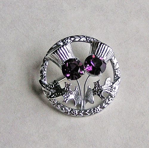 Vintage Mizpah Scottish Thistle Brooch Pin with Amethyst Rhinestones Vintage Mizpah Scottish Thistle Brooch Pin with Amethyst Rhinestones