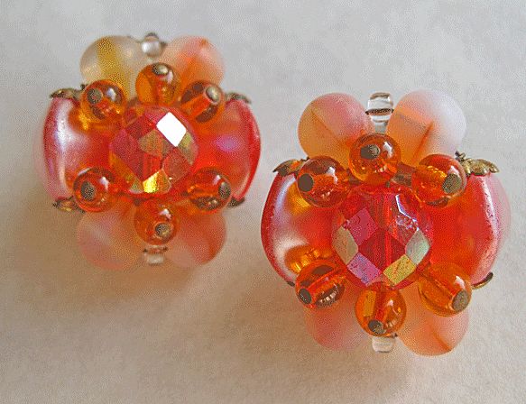 Vintage West German Peach Rhinestone and Frosted Glass Cluster Clip Earrings Vintage West German Peach Rhinestone and Frosted Glass Cluster Clip Earrings