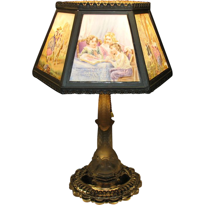 Antique colored Lithopane & figural glass table lamp B Antique colored Lithopane & figural glass table lamp B