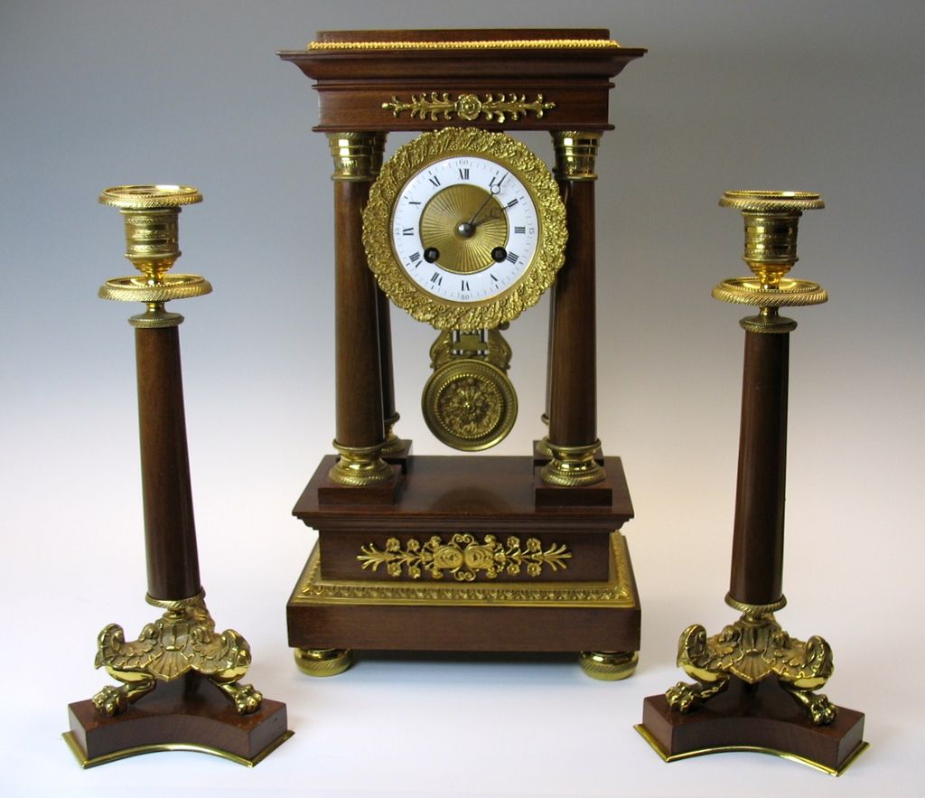 Superb vintage French gilt bronze mantle clock set Superb vintage French gilt bronze mantle clock set