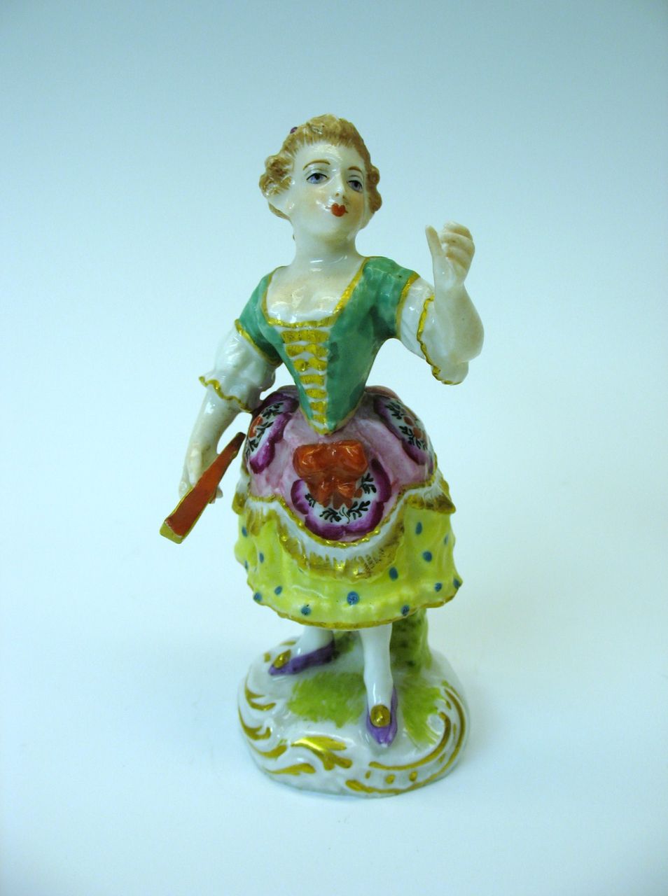 Fine early porcelain cabinet figure of a Lady with early Derby mark Fine early porcelain cabinet figure of a Lady with early Derby mark