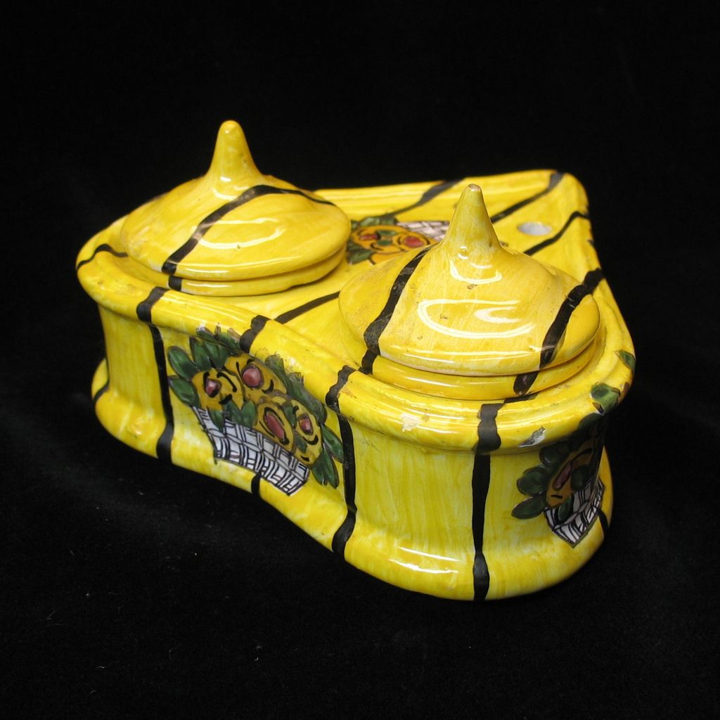 Antique French faience heart shaped double inkwell-baskets flowers Antique French faience heart shaped double inkwell-baskets flowers
