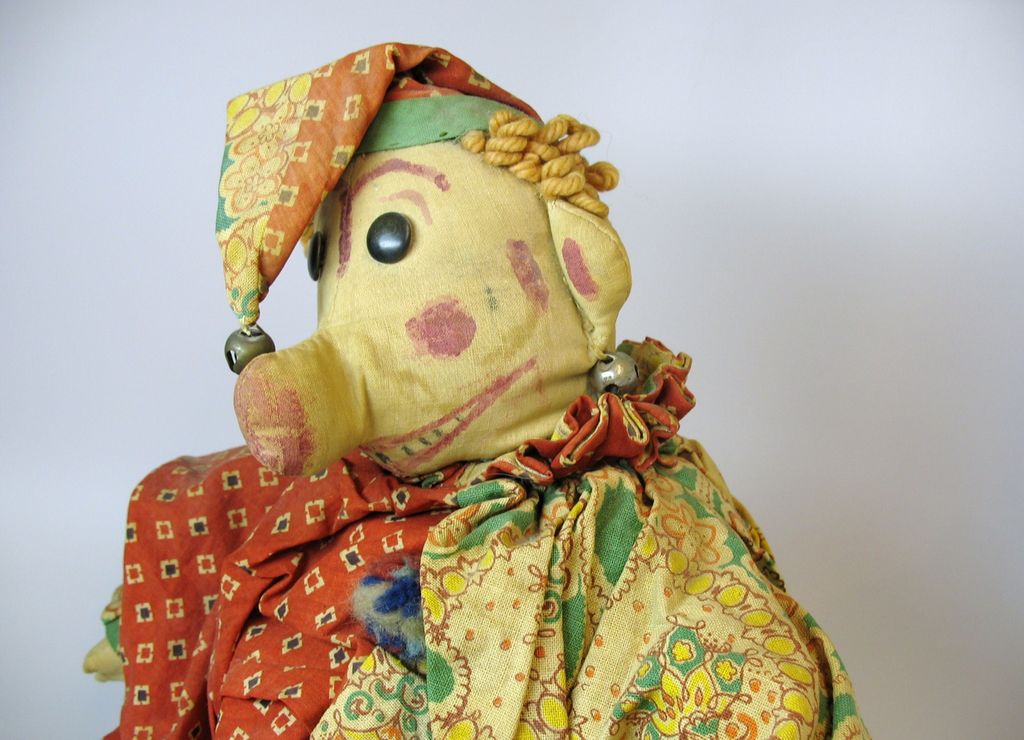 Early Folk art cloth sitting Clown doll Misfit toy Early Folk art cloth sitting Clown doll Misfit toy