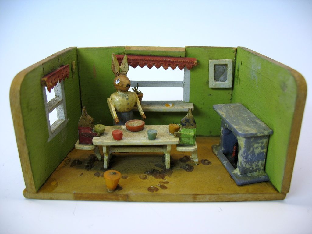 Adorable antique "dolls toy" of a rabbit diorama shadow box Adorable antique "dolls toy" of a rabbit diorama shadow box