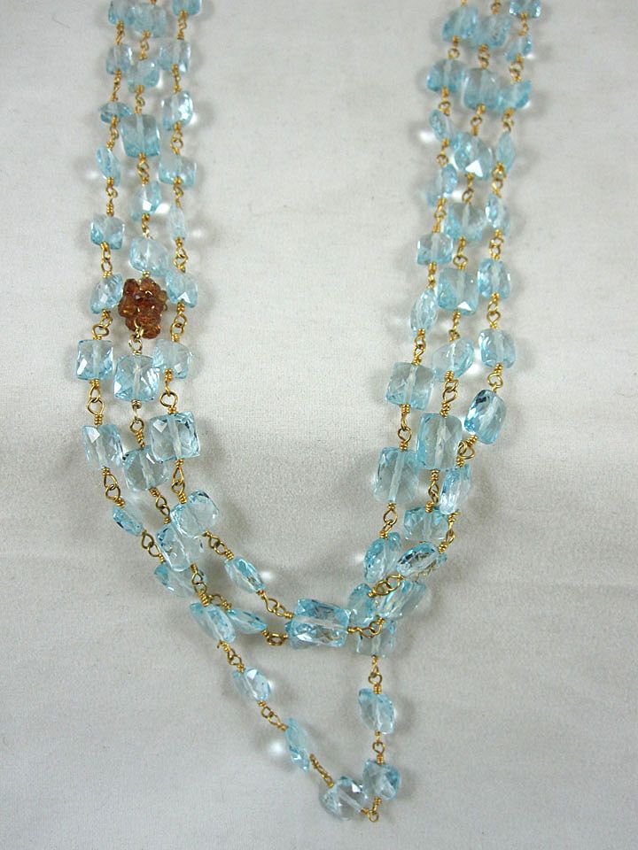 14K Gold Filled~ AAA Triple Strand Swiss Blue Topaz w/ Hessonite cluster "Ava" Necklace 14K Gold Filled~ AAA Triple Strand Swiss Blue Topaz w/ Hessonite cluster "Ava" Necklace