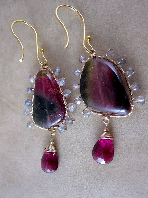14k & 18K Solid Gold~ AAA Watermelon Tourmaline "sunburst" earrings~ New 2012 14k & 18K Solid Gold~ AAA Watermelon Tourmaline "sunburst" earrings~ New 2012