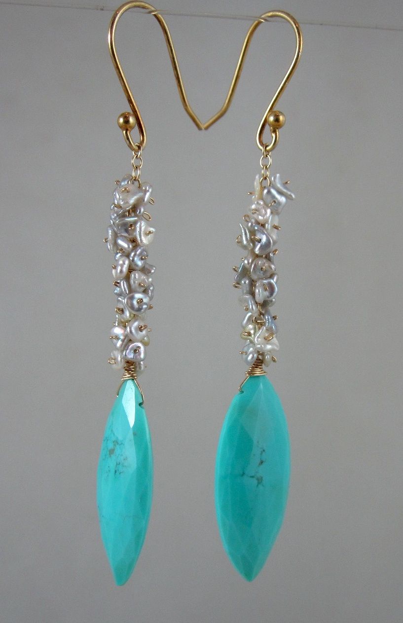 18K & 14K Solid Gold~ AAA Sleeping Beauty Turquoise & Keishi pearl Earrings~ 3" 18K & 14K Solid Gold~ AAA Sleeping Beauty Turquoise & Keishi pearl Earrings~ 3"
