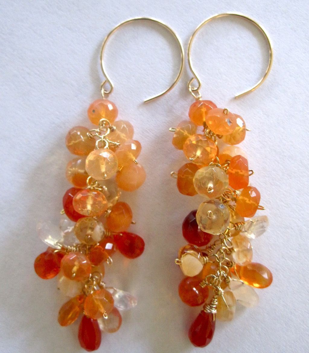 14k Solid GoldAAA Mexican Fire Opal "cluster'' Earrings from