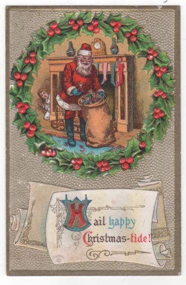 Christmas Postcard with Santa Claus Taking Toys Out of Bag as Child Watches Christmas Postcard with Santa Claus Taking Toys Out of Bag as Child Watches