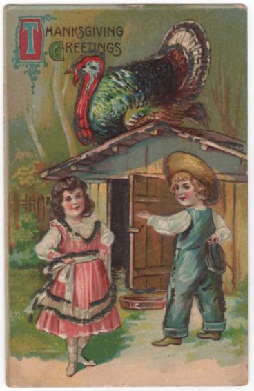 Thanksgiving Postcard with Gobbler Atop Roof of Shed as Two Children Stand Below Thanksgiving Postcard with Gobbler Atop Roof of Shed as Two Children Stand Below