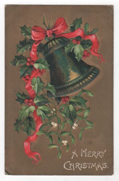 A Merry Christmas - Holly Mistletoe Bell Red Ribbon Vintage Postcard A Merry Christmas - Holly Mistletoe Bell Red Ribbon Vintage Postcard