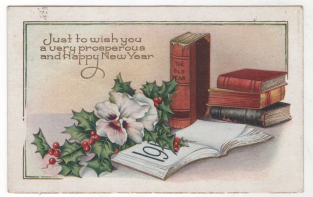 New Year Vintage Postcard Happy New Year Books Holly Pansy New Year Vintage Postcard Happy New Year Books Holly Pansy