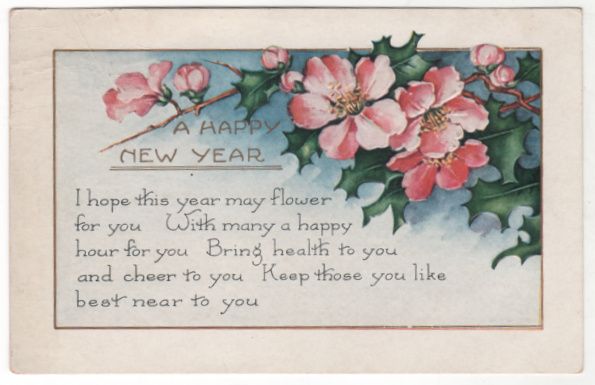New Year Vintage Postcard A Happy New Year Pink Flowers New Year Vintage Postcard A Happy New Year Pink Flowers