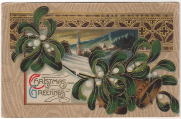 Christmas Vintage Postcard Christmas Greetings Mistletoe Church Town Scene Christmas Vintage Postcard Christmas Greetings Mistletoe Church Town Scene