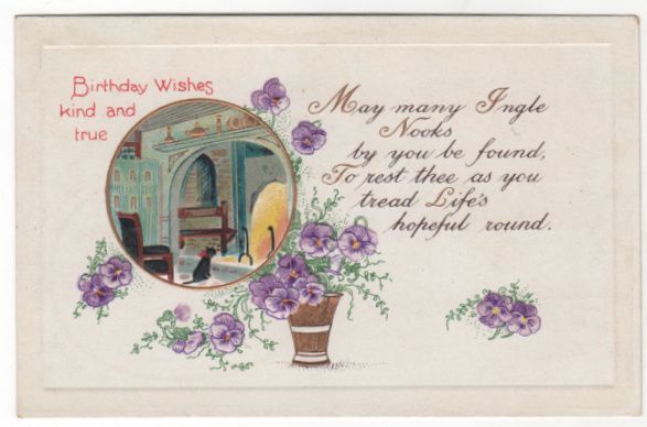 Greetings Vintage Postcard Birthday Wishes Kind and True Fireplace w ...