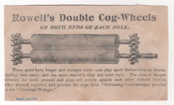 The Universal Clothes Wringer Rowell's Double-Cog Wheels Victorian Trade Card The Universal Clothes Wringer Rowell's Double-Cog Wheels Victorian Trade Card