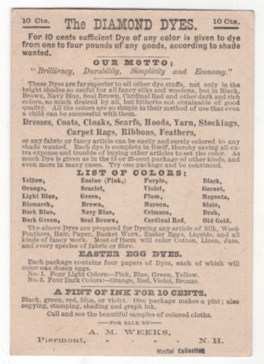 Diamond Dyes for Sale by A M Weeks Piermont NH New Hampshire Victorian Trade Cd Diamond Dyes for Sale by A M Weeks Piermont NH New Hampshire Victorian Trade Cd