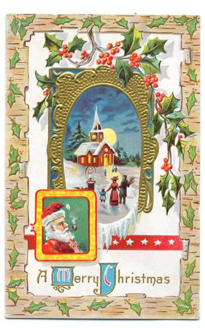 Embossed Christmas Postcard with Santa Smoking a Pipe and a Family Walking to Church Embossed Christmas Postcard with Santa Smoking a Pipe and a Family Walking to Church