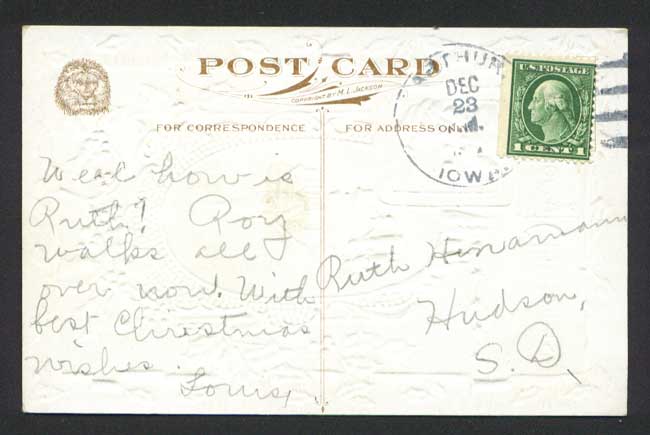 Embossed Christmas Postcard with Santa Smoking a Pipe and a Family Walking to Church Embossed Christmas Postcard with Santa Smoking a Pipe and a Family Walking to Church