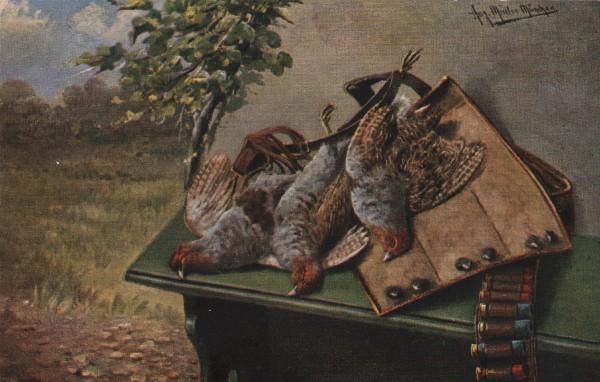 Artist Signed A. Muller Muncheon Game Birds and Hunter's Vest on a Table Artist Signed A. Muller Muncheon Game Birds and Hunter's Vest on a Table