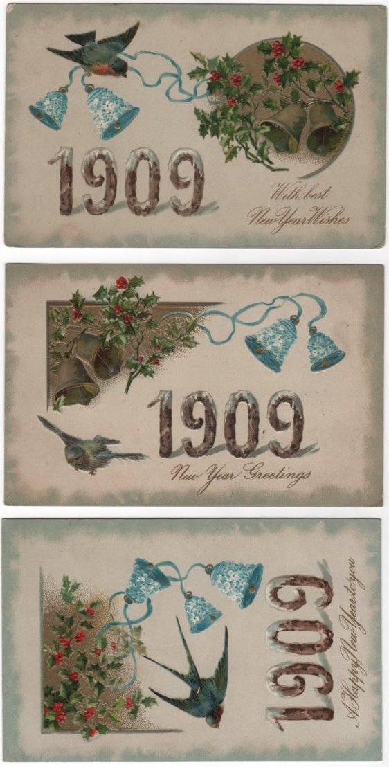 Set of Three New Year 1909 Postcard Birds and Forget-Me-Not Bells Set of Three New Year 1909 Postcard Birds and Forget-Me-Not Bells